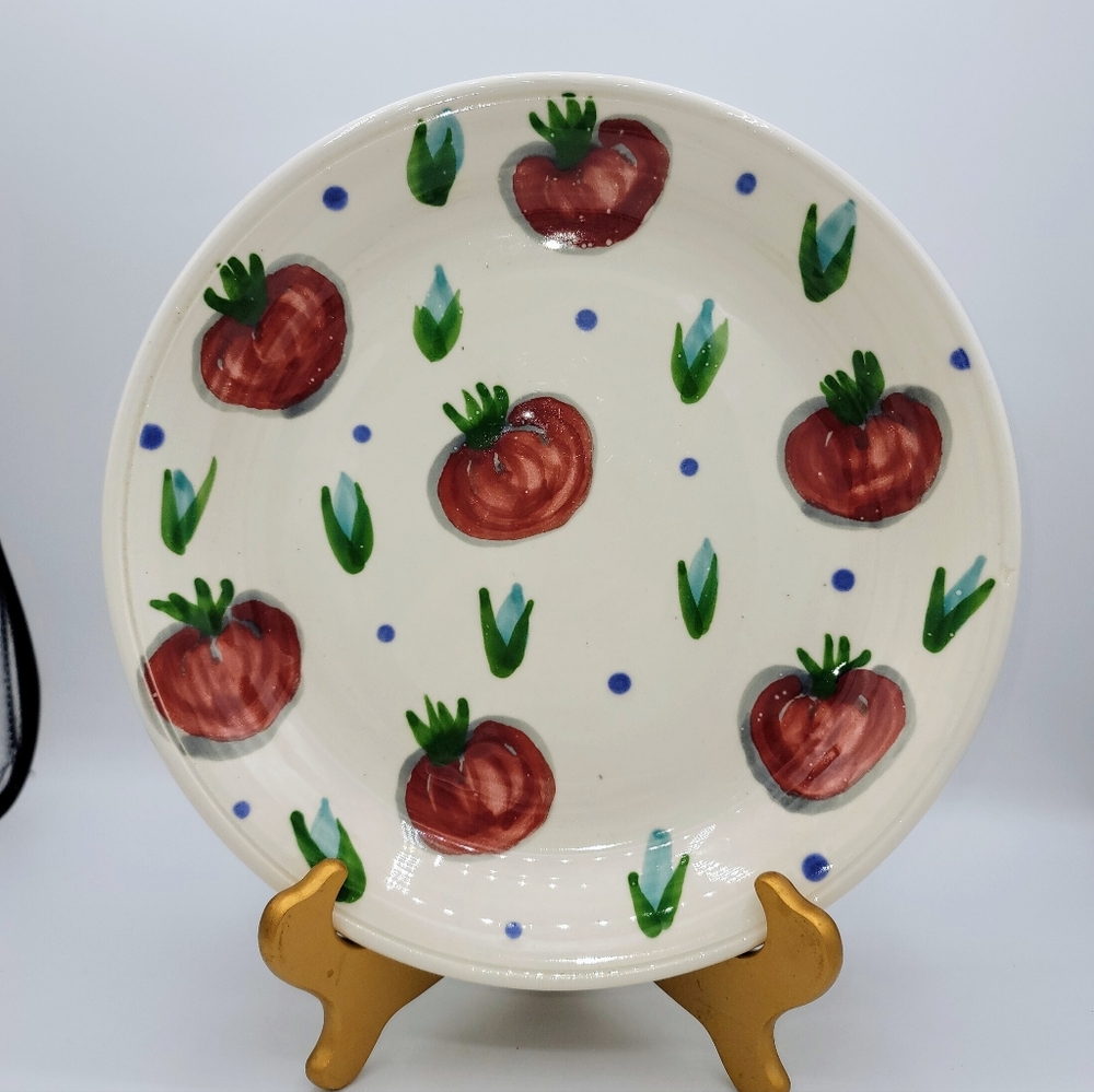 1990 Hand Painted Lidded Pottery Bowl & Plate Set Tomato Motif Vermont Signed - Picture 2 of 14